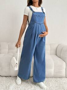 SHEIN Maternity Adjustable Denim Bib Pants Wide Leg Casual Loose Blue Overalls