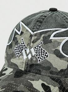 ROMWE Grunge Punk 朋克风格迷彩火焰双旗重刺绣棒球帽，遮阳帽，时尚百搭男女通用棒球帽，适合节日、派对、购物