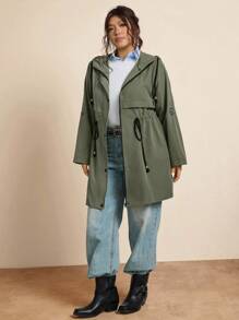 SHEIN LUNE 加大码军绿色斗篷/披风外套，休闲百搭女士冬季服装商务休闲女式风衣女士秋季服装冬装女士办公室服装橄榄绿时尚冬季秋季 - 軍綠色 - 查看 10