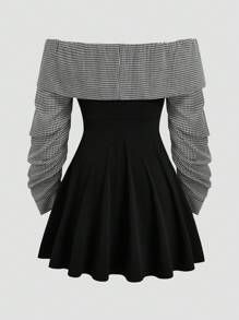 Sweetra Plus Size Casual Plaid Patchwork Off-Shoulder 2 In 1 Dress Fall Cloth For Women - Multicolor - View 2