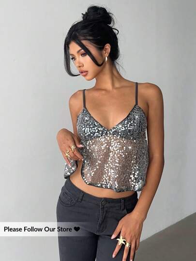 Aloruh Plus Size Ladies Sequin Top, Suspender Cute Top, Party Dress, Y2K Fashion Elegant Music Festival Party Sequin Top, Cute Party Dress