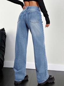 SHEIN EZwear Verwaschen Denim Blau Schräggesetzte Tasche Weite Bein Jeans