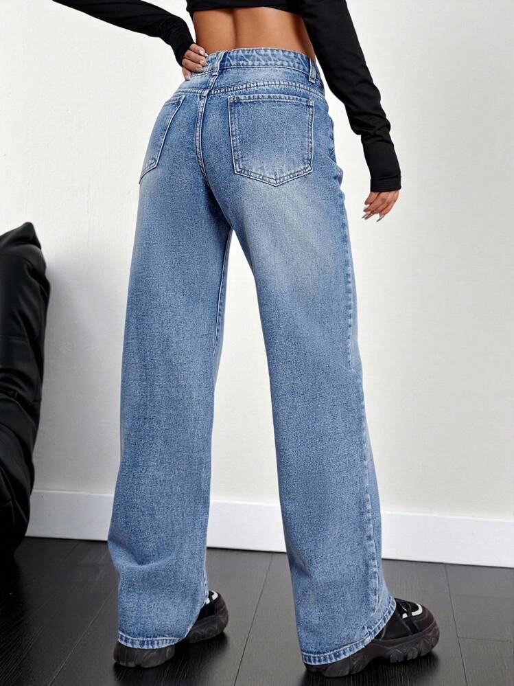 SHEIN EZwear Washed Denim Blue Slant Pocket Wide Leg Jeans - Light Wash - View 2