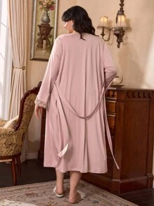 Conjunto de pijama de 2 piezas con parches de encaje elegante talla grande, ropa de otoño - Rosa vieja - Ver 2