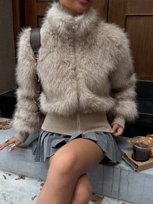 DAZY 女士纯色长袖短立领仿毛皮外套 Y2k 女式外套