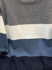 男童休闲撞色条纹针织圆领套头毛衣，秋冬季上衣 - 霧霾藍 - 查看 4