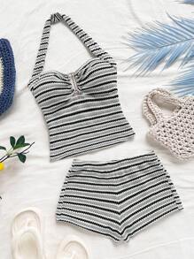 Soleia Women's Striped Ruffle Halter Top And Shorts 2 Pieces Set Striped Two Piece Set Halter Two Piece Women Striped Set - Multicolor - View 8