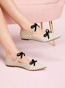 CUCCOO DOLLMOD 女士可爱优雅波尔卡圆点玛丽珍平底鞋，带双蝴蝶结 - 杏色 - 查看 1