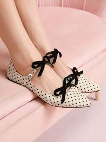 CUCCOO DOLLMOD 女士可爱优雅波尔卡圆点玛丽珍平底鞋，带双蝴蝶结 - 杏色 - 查看 5