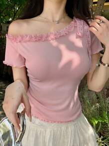 DAZY 女士纯色不对称肩部荷叶边短袖T恤 - 粉色 - 查看 1