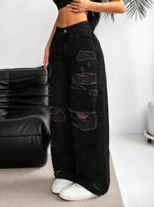 SHEIN EZwear 女士休闲破洞阔腿牛仔裤