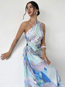 Firerie 女装新款春夏度假浪漫优雅约会不对称扎染印花收腰镂空褶皱单肩连衣裙，女装夏装，女装柔和色调连衣裙，海边装，海边度假连衣裙，不对称下摆连衣裙，波西米亚风服装女 - 彩色 - 查看 10