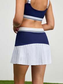 SHEIN Sports Women's Contrast Color Pleated Hem Pockets Cheerleader Sports Skort - Blue - View 2