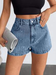 EURMUSE Pantalones cortos mini de cintura alta de unicolor y minimalistas con adornos de rhinestones para mujer - Celeste - Ver 5
