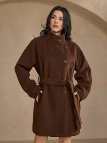 DAZY Women's Solid Color Single-Breasted Stand Collar Waist Trench Coat Fall,Winter