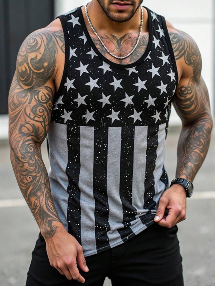 Manfinity LEGND Plus Size Men's Colorblock Striped Star Print Tank Top - Black - View 1