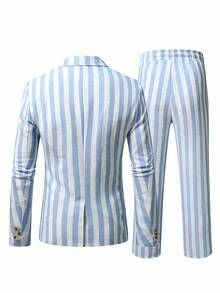 Calvornis Men's Striped Lapel Collar Single-Breasted Fashion Suit - Blue and White - View 2