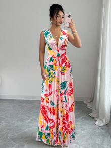 Rafferiza Women's Elegant Vacation Pleated Textured Deep V Jumpsuit, Summer