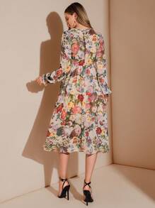 Amorya Váy midi voan họa tiết hoa thanh lịch dành cho nữ, dáng suông, phù hợp mặc hàng ngày, tiệc trà chiều và nhiều dịp khác nhau, mùa thu - Nhiều màu - Xem 2