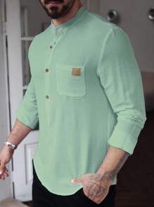 Manfinity Homme Men's Half Placket Long Sleeve Casual Shirt With Pockets, For Fall - Green - View 4