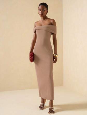 Vesra Textured Fabric Twist Front Off Shoulder Fitted Elegant Dress For Women