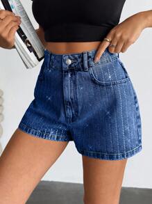 EURMUSE Women's Fashion Blue High Waist Rhinestone Mini Shorts, Summer - Medium Wash - View 6