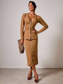 COSMINA 2pcs Women Solid Color Button Front Cardigan & Knit Skirt Set In Fall/Winter - Brown - View 5