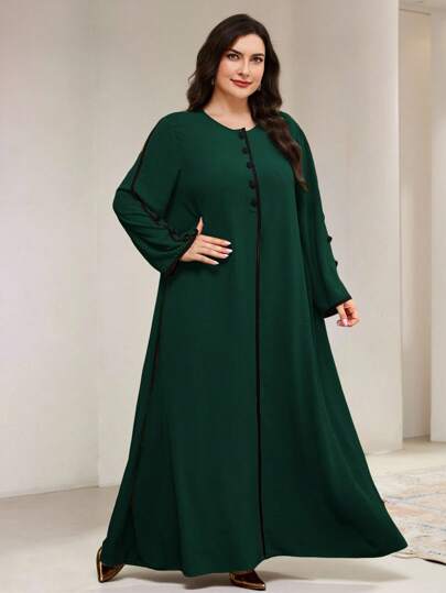 Veilorie Plus Size Women's Round Neck Long Sleeve Single-Breasted Loose Arabic Style Dress