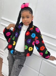SHEIN Tween Girls Colorful Floral Black Fuzzy Jacket, Loose Casual Comfortable Versatile Fashion,In Fall/Winter