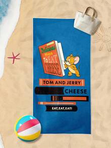 TOM & JERRY X SHEIN 1pc Letter & Cartoon Pattern Beach Towel Cozy Plush Fleece, Warm & Soft For Camping, Home, And Outdoor Use - Perfect Birthday Or Holiday Gift For Boys, Girls, Men, And Women - All-Season Comfort, Outdoor Blanket