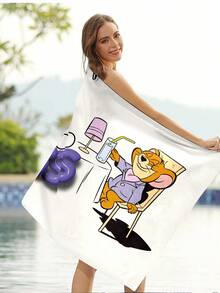 TOM & JERRY X SHEIN 1Pc Cartoon Pattern Beach Towel Crafted With Ultra-Fine Microfiber, Cloud-Soft Beach Towel, Hypoallergenic And Non-Irritating, Ideal For Sensitive Skin - Green - View 5