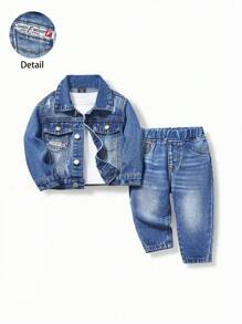 Juego de 2 piezas de chaqueta de jean deslavado con cinta decorativa, y atuendo minimalista cómodo diario de estilo callejero vintage para bebés niños, adecuado para otoño/invierno