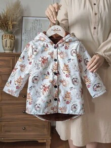 SHEIN Vintaside Kids 年轻女孩动物与植物印花保暖内衬连帽纽扣可爱卡通夹克，适合日常休闲穿着 - 彩色 - 查看 4