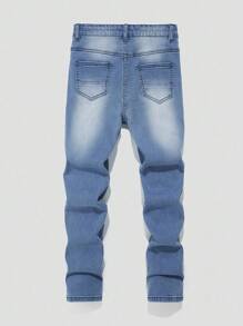Tween Boy Street Urban Heavy Wash Elastic Waist Flat Pockets Skinny Jeans, School, Campus, College Summer Holiday - Medium Wash - View 2