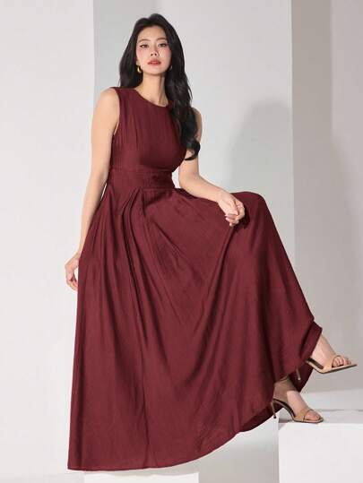 Heiryn 女士优雅纯色无袖连衣裙，夏季