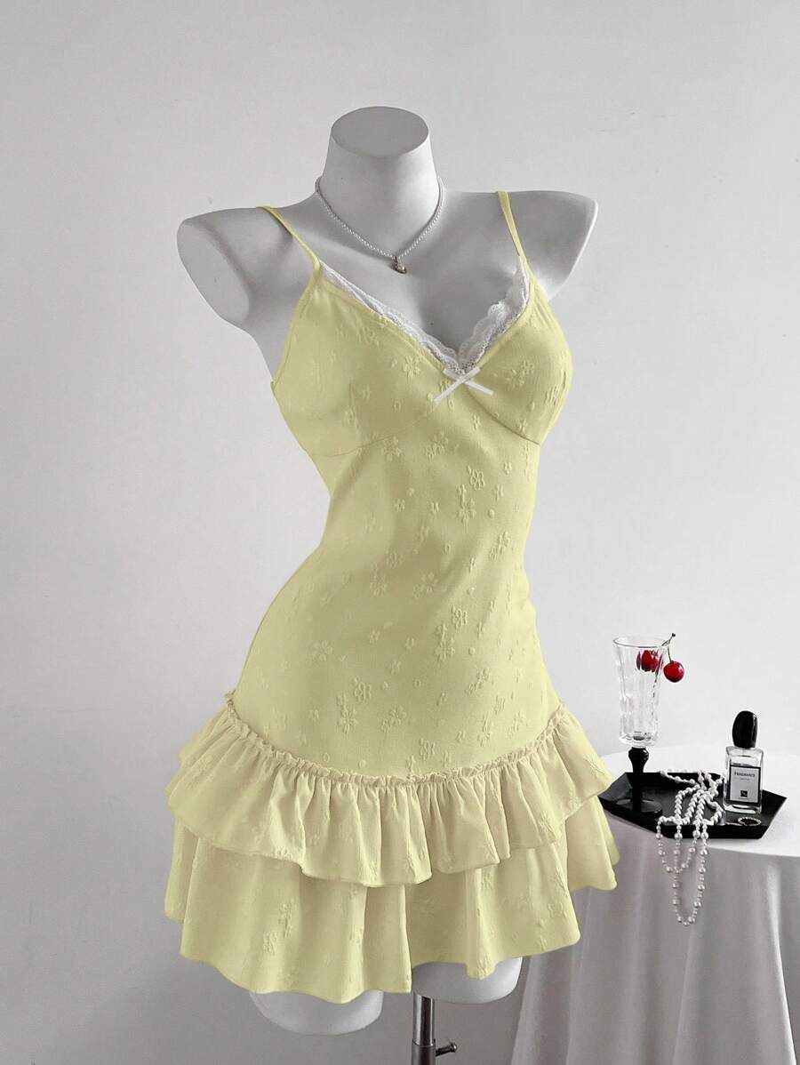 Elamini Women's Elegant Ruffle Hem Spaghetti Strap Mini Dress, Summer - Yellow - View 1