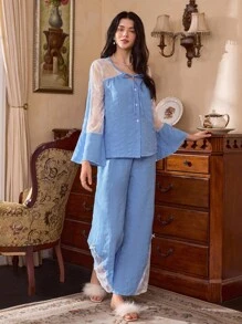 Côtesoire 2 件法式镂空蕾丝拼布荷叶边长袖上衣和裤子睡衣套装，秋季服装 - 藍色 - 查看 3