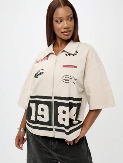 SUMWON Plus Size Retro Varsity Style Zip Through Jacket With Print Short Sleeve Boxy Fit Lightweight Summer Spring Streetwear