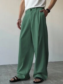 Claim Dot Men's Solid Color Pleated Pocket Wide Leg Loose Casual Pants, Fall - Grass Green - View 7