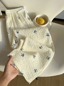 女童粉色条纹蝴蝶结印花泡泡袖纹理腰部白色撞色系带宽松裤子 - 黃色 - 查看 6