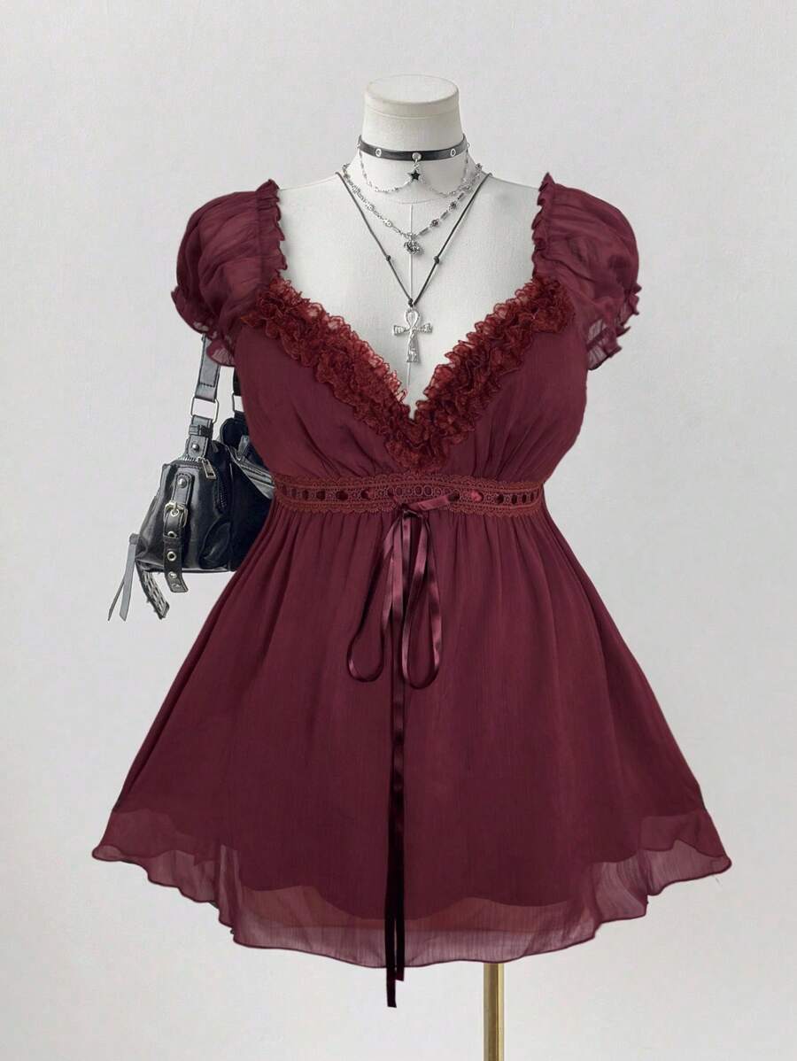 Flirla Plus Size Elegant Solid Color Lace Trim Blouse, Summer - Burgundy - View 1