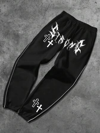 Goth Pantalon de survêtement décontracté pour hommes avec cordon de serrage à la taille et poches, imprimé croix noire