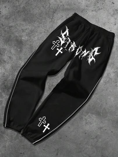 Goth Pantalones de chándal casuales para hombres con estampado de cruz negra, cintura con cordón y bolsillos