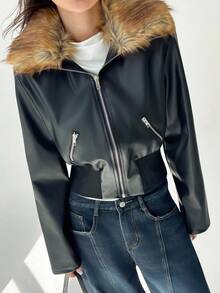Aloruh Chaqueta de mujer con cuello de piel sintética, manga larga, cintura ceñida y parches de PU en estilo Y2K Baddie, para otoño/invierno - Negro - Ver 4