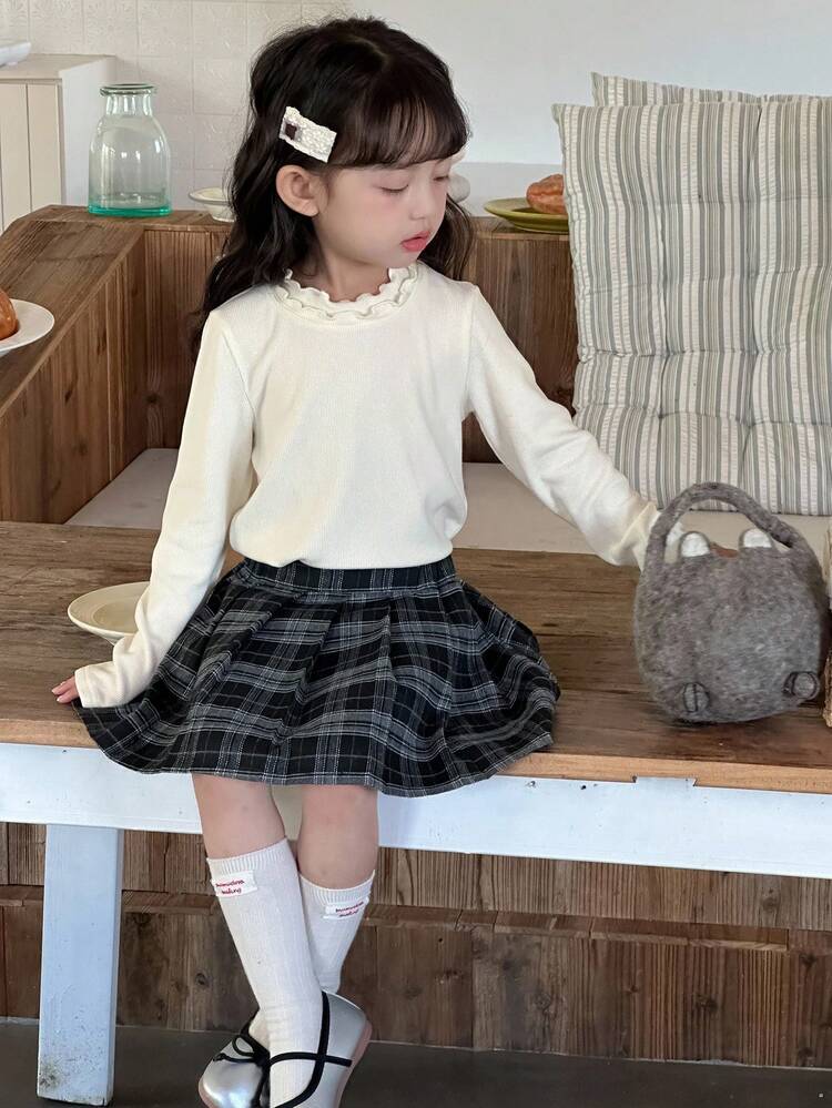 Young Girls Ruffle Collar Solid Color Casual Long Sleeve Base Layer T-Shirt