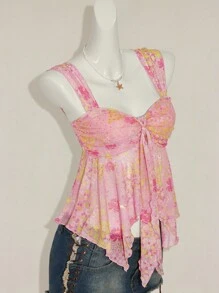 SHEIN ICON Women's Ditsy Floral Asymmetrical Hem Cute Floral Blouse, Adorable Summer Top Fall Women Clothes