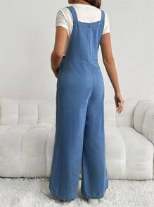 SHEIN Maternity Adjustable Denim Bib Pants Wide Leg Casual Loose Blue Overalls