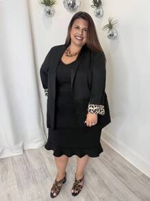 Enliva Jennifer_samantha_style Black Leopard Print Plus Size Women's Blazer With Cuff Splicing, Elegant Daily Wear Office Commute Outfit, For Apple Rounded Body Shape