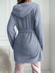 EURMUSE Heart Embroidery Hooded Belted Flannel Sleep Robe - Blue - View 2