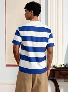 Manfinity VCAY Daily Casual Tops Wide Stripe Pattern Men's Loose Fit Knitted Round Neck Short Sleeve T-Shirt - Navy Blue - View 5